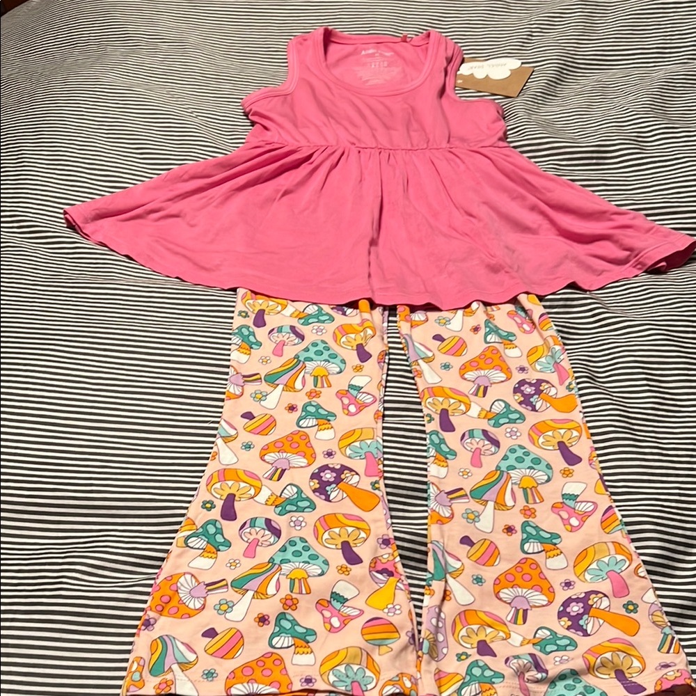 Pink Dress with Colorful Mushroom Pants